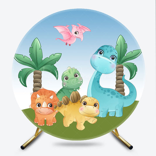 Lofaris Cute Cartoon Dinosaurs Round Backdrop for Birthday Boys Prehistoric Jungle Party T Rex and Palm Tree Photo Prop