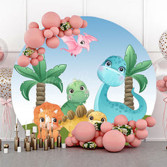 Lofaris Cute Cartoon Dinosaurs Round Backdrop for Birthday Boys Prehistoric Jungle Party T Rex and Palm Tree Photo Prop