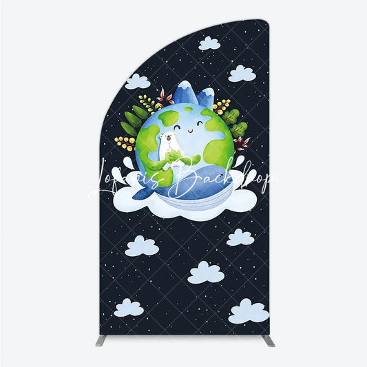 Lofaris Cute Cartoon Earth Polar Bear and Whale Half Moon Arch Backdrop Night Sky Stars Clouds Kids Party Decor.