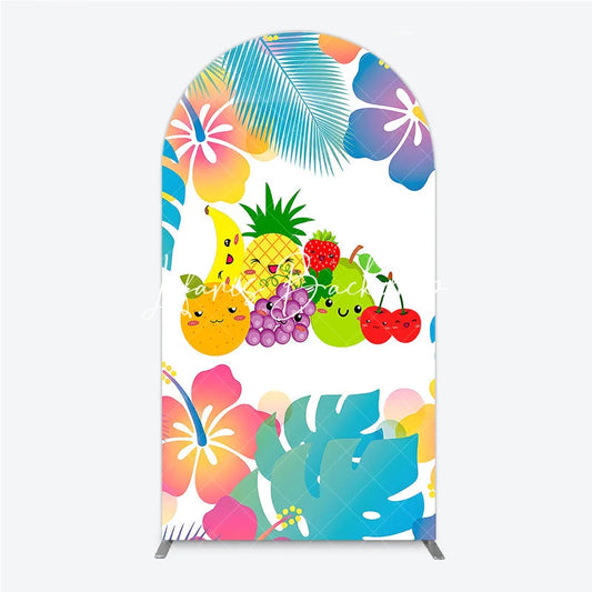 Lofaris Cute Cartoon Fruit and Tropical Leaves Hibiscus Flower Round Top Arch Backdrop Summer Birthday Party Decor