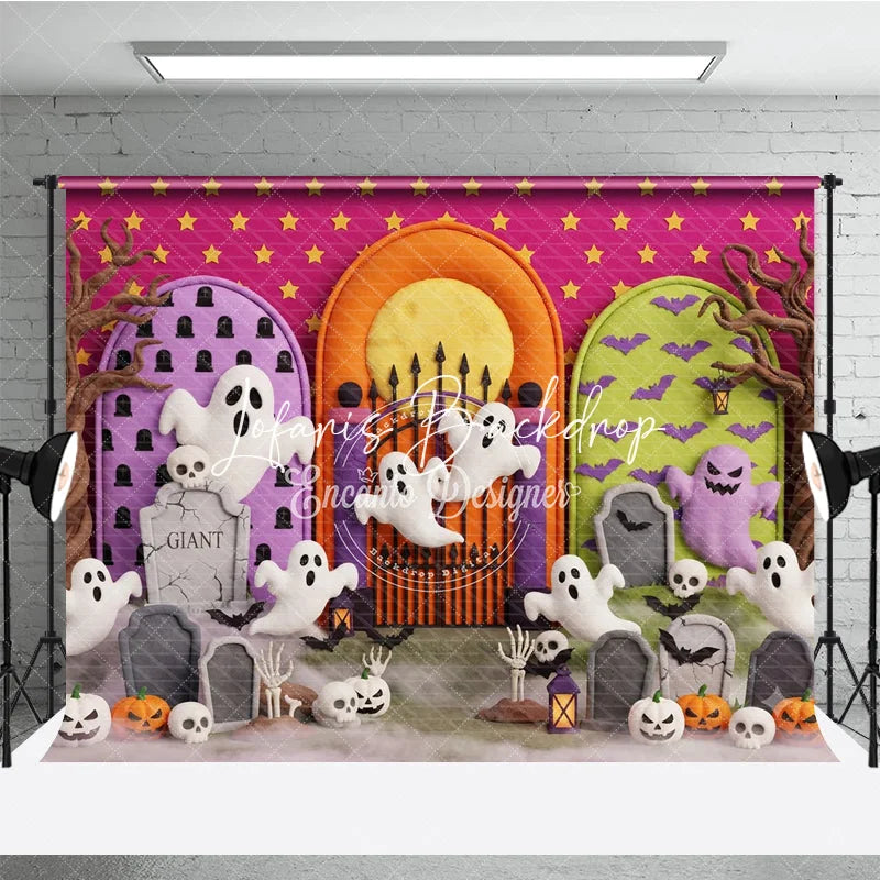 Lofaris Cute Cartoon Ghosts and Pumpkins Halloween Photography Backdrop with Spooky Gravestones Bats Pink Starry Background