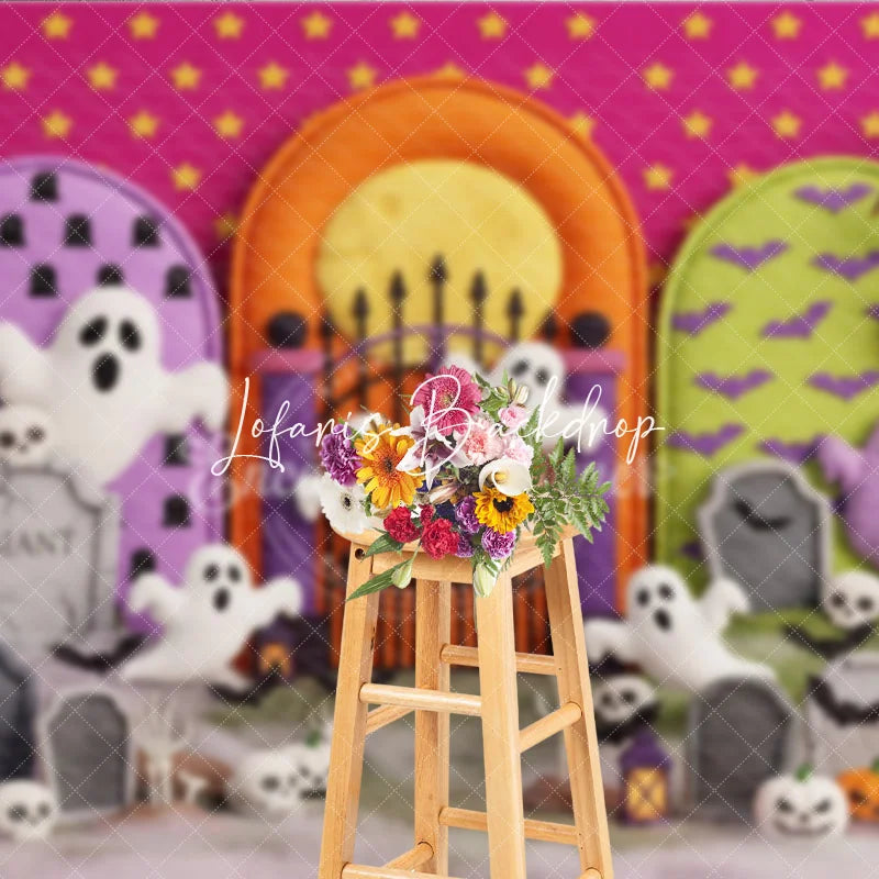 Lofaris Cute Cartoon Ghosts and Pumpkins Halloween Photography Backdrop with Spooky Gravestones Bats Pink Starry Background