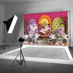 Lofaris Cute Cartoon Ghosts and Pumpkins Halloween Photography Backdrop with Spooky Gravestones Bats Pink Starry Background