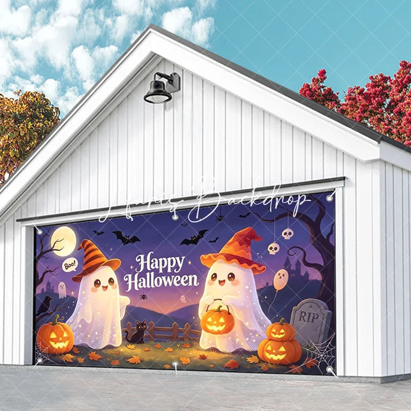 Lofaris Cute Cartoon Ghosts with Witch Hats and Jack-O-Lanterns Happy Halloween Garage Door Banner Spooky Party Decor