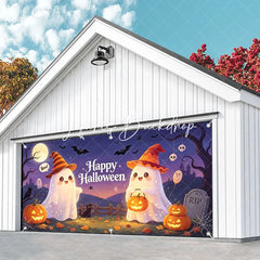 Lofaris Cute Cartoon Ghosts with Witch Hats and Jack-O-Lanterns Happy Halloween Garage Door Banner Spooky Party Decor