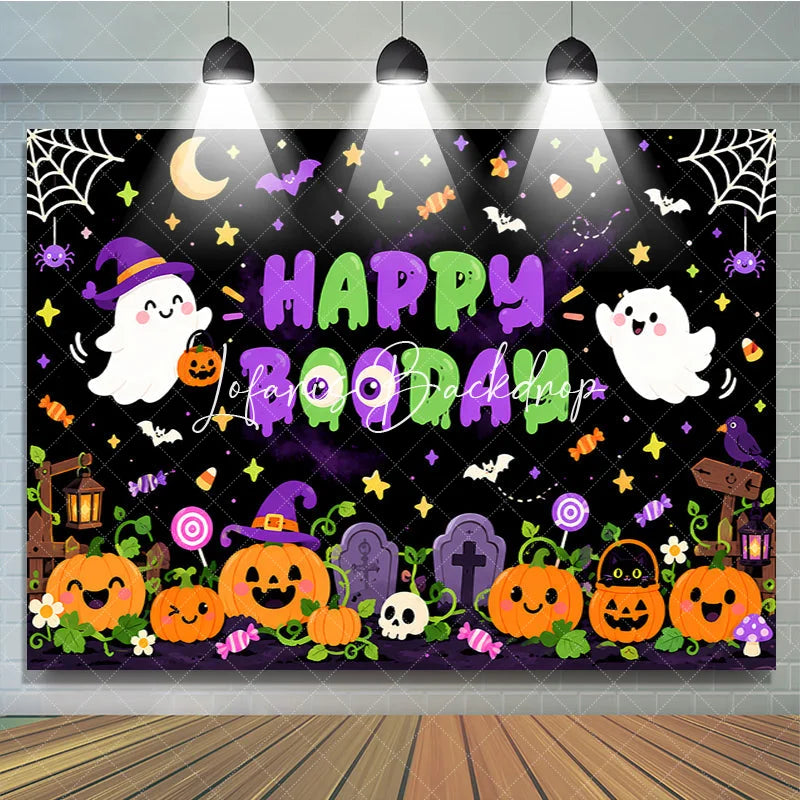 Lofaris Cute Cartoon Halloween Ghosts and Pumpkins Birthday Backdrop Happy Booday Spooky Fun Party Decor with Bats Stars