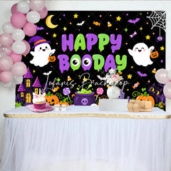 Lofaris Cute Cartoon Halloween Happy Booday Birthday Backdrop with Ghosts Pumpkins and Haunted House for Spooky Party Decor