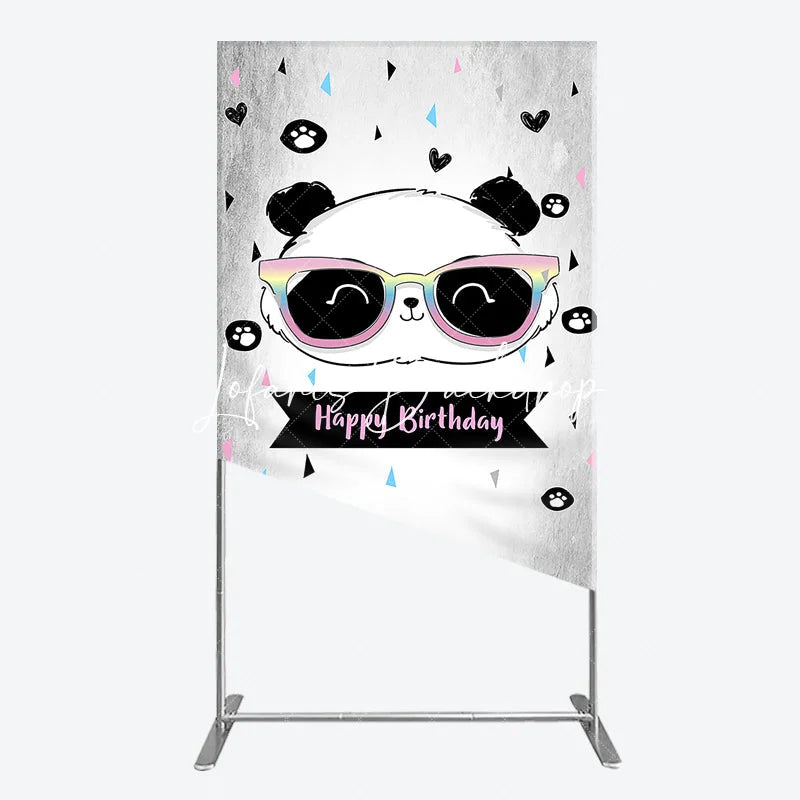 Lofaris Cute Cartoon Panda Happy Birthday Rectangle Arch Backdrop with Rainbow Sunglasses Grey Party Decor