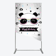 Lofaris Cute Cartoon Panda Happy Birthday Rectangle Arch Backdrop with Rainbow Sunglasses Grey Party Decor