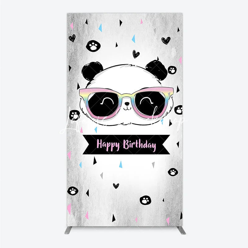 Lofaris Cute Cartoon Panda Happy Birthday Rectangle Arch Backdrop with Rainbow Sunglasses Grey Party Decor
