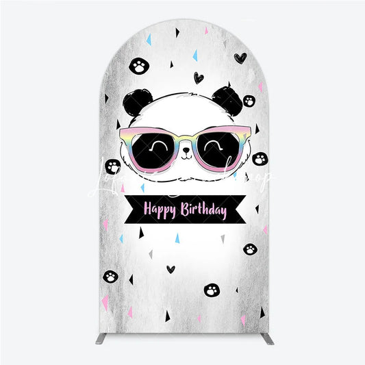 Lofaris Cute Cartoon Panda Happy Birthday Round Top Arch Backdrop with Rainbow Sunglasses Festive Party Decor