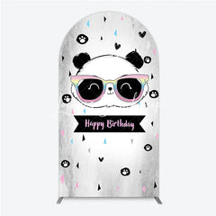 Lofaris Cute Cartoon Panda Happy Birthday Round Top Arch Backdrop with Rainbow Sunglasses Festive Party Decor