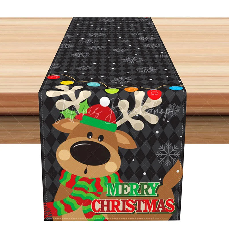 Lofaris Cute Cartoon Reindeer Merry Christmas Table Runner Black and Red Holiday Dining Decor