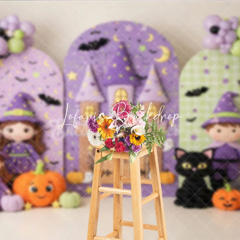 Lofaris Cute Cartoon Witch and Castle Halloween Photography Backdrop Purple Green Stars Moon Pumpkin Bat Party Decor