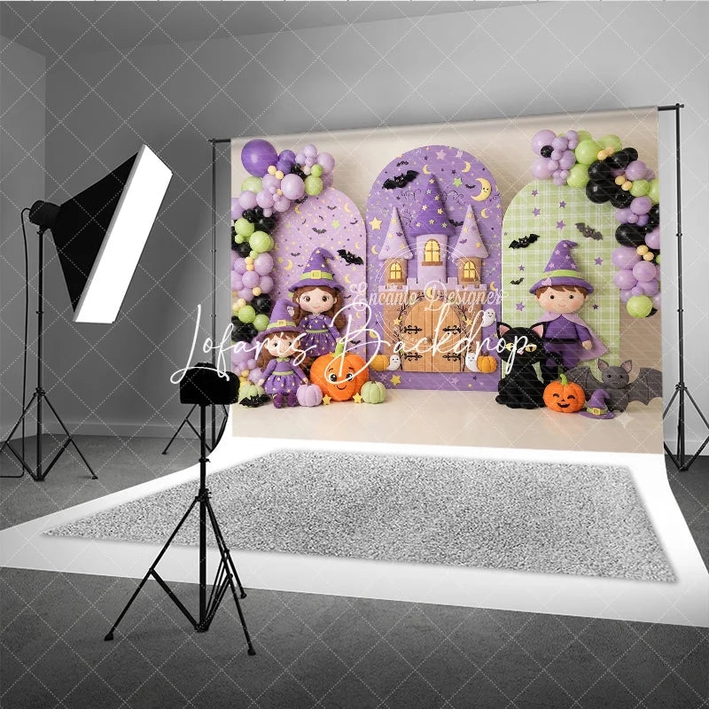 Lofaris Cute Cartoon Witch and Castle Halloween Photography Backdrop Purple Green Stars Moon Pumpkin Bat Party Decor