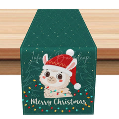 Lofaris Cute Christmas Llama with Santa Hat Table Runner ’Merry Christmas’ on Green Fun Holiday Decor