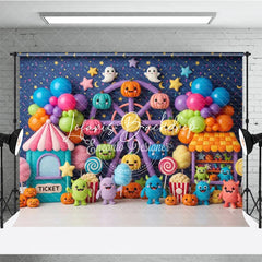Lofaris Cute Colorful Carnival Ferris Wheel Photography Backdrop with Pumpkins Balloons and Monsters for Kids Birthday Party