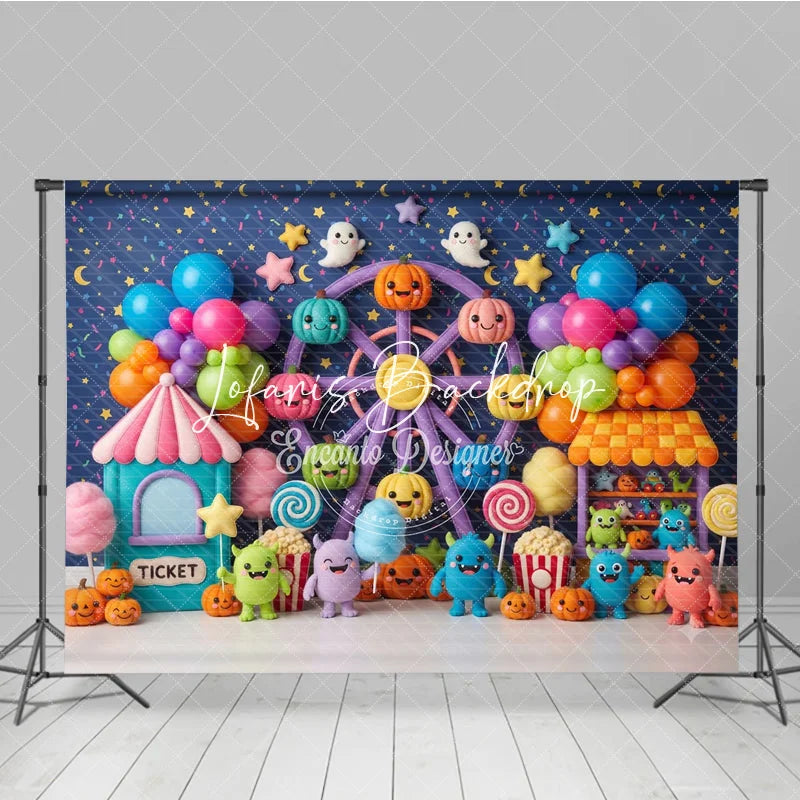 Lofaris Cute Colorful Carnival Ferris Wheel Photography Backdrop with Pumpkins Balloons and Monsters for Kids Birthday Party