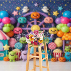 Lofaris Cute Colorful Carnival Ferris Wheel Photography Backdrop with Pumpkins Balloons and Monsters for Kids Birthday Party