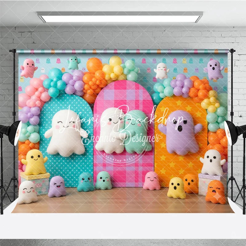 Lofaris Cute Colorful Ghost Photography Backdrop Balloon Arches Polka Dot and Plaid Panels perfect for Kids Birthday Party