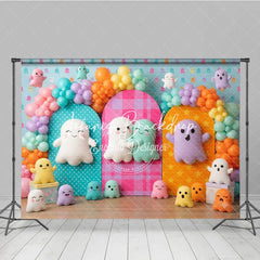 Lofaris Cute Colorful Ghost Photography Backdrop Balloon Arches Polka Dot and Plaid Panels perfect for Kids Birthday Party