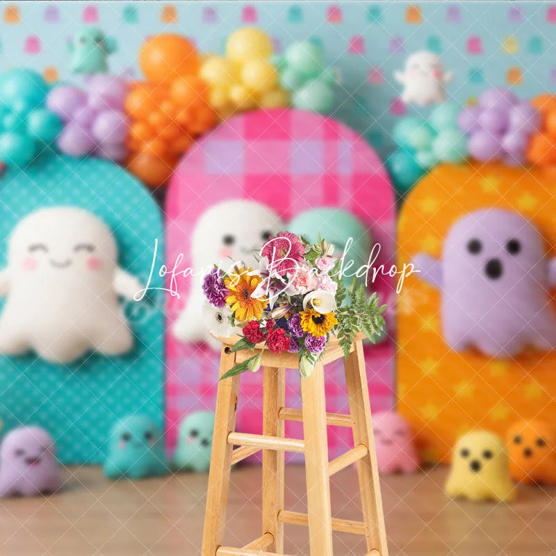 Lofaris Cute Colorful Ghost Photography Backdrop Balloon Arches Polka Dot and Plaid Panels perfect for Kids Birthday Party
