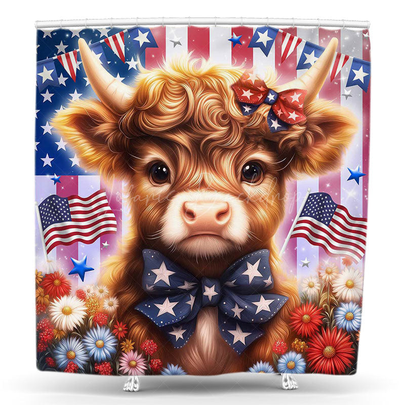 Lofaris Cute Cow Floral Flag Independence Day Shower Curtain