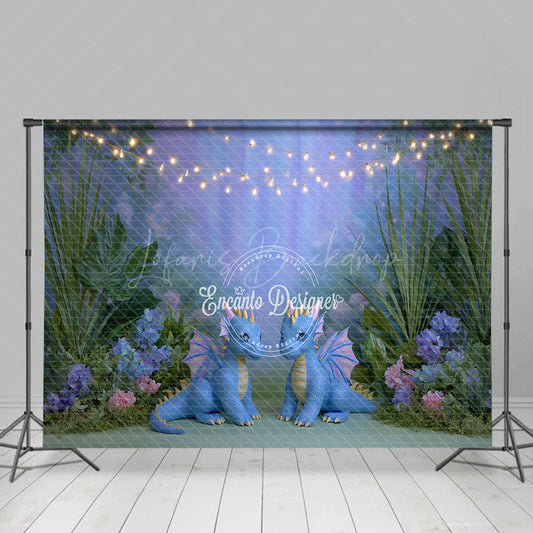 Lofaris Cute Dragons in Enchanted Forest Photography Backdrop String Lights for Birthday Fairytale Cake Smash Background