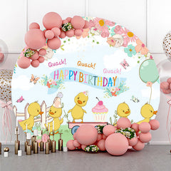 Lofaris Cute Duck Happy Birthday Round Backdrop Spring Floral Garden Party Banner Quack Little Duckling Photo Prop
