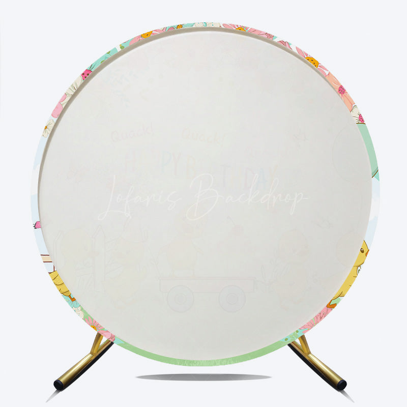 Lofaris Cute Duck Happy Birthday Round Backdrop Spring Floral Garden Party Banner Quack Little Duckling Photo Prop