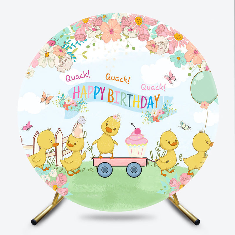 Lofaris Cute Duck Happy Birthday Round Backdrop Spring Floral Garden Party Banner Quack Little Duckling Photo Prop