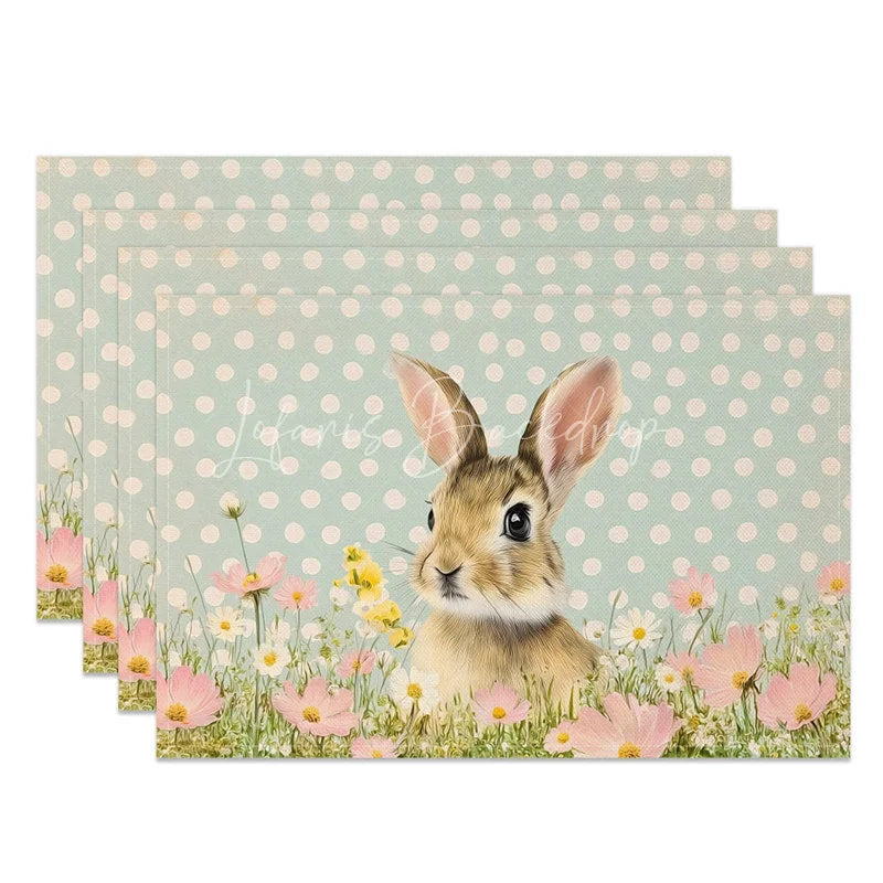 Lofaris Cute Easter Bunny Set of 4 Placemats Blue Polka Dot Pink Flower Rabbit Table Mats for Spring