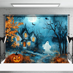 Lofaris Cute Ghost and Haunted House Photography Backdrop Whimsical Cartoon Halloween Scene for Kids Spooky Party Photos