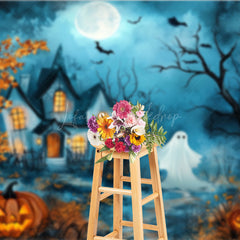 Lofaris Cute Ghost and Haunted House Photography Backdrop Whimsical Cartoon Halloween Scene for Kids Spooky Party Photos