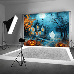 Lofaris Cute Ghost and Haunted House Photography Backdrop Whimsical Cartoon Halloween Scene for Kids Spooky Party Photos