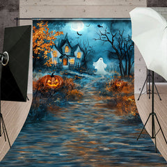 Lofaris Cute Ghost and Haunted House Sweep Backdrop Whimsical Cartoon Halloween Scene for Kids Spooky Party Photos