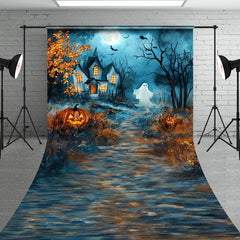 Lofaris Cute Ghost and Haunted House Sweep Backdrop Whimsical Cartoon Halloween Scene for Kids Spooky Party Photos