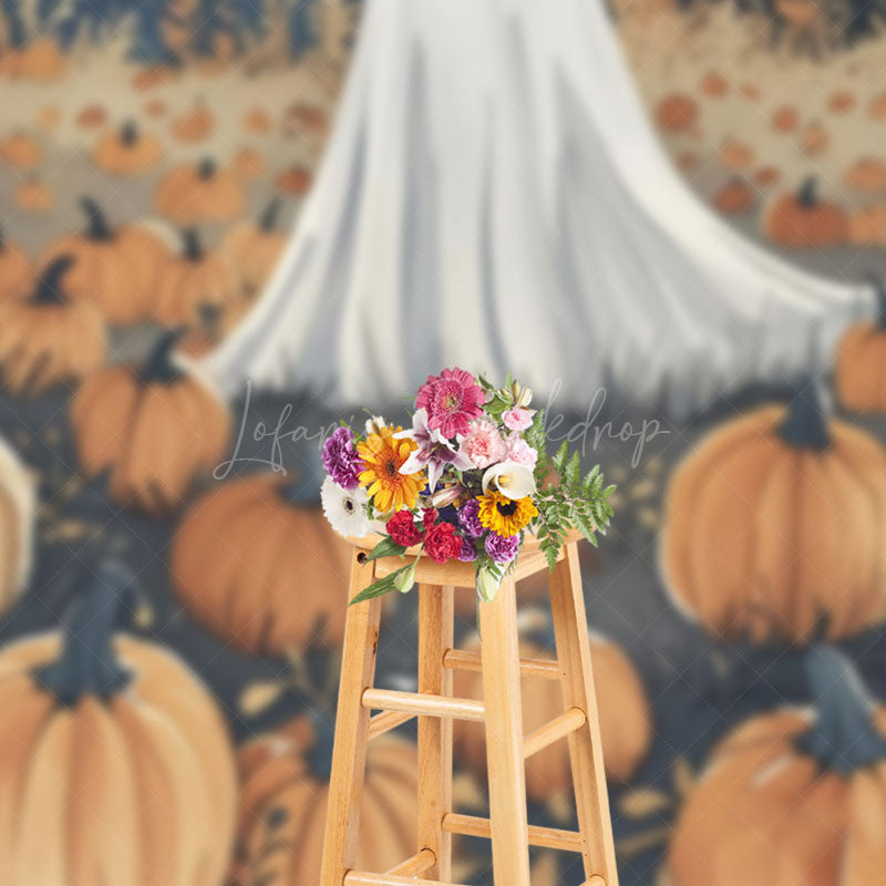Lofaris Cute Ghost in Pumpkin Patch Halloween Backdrop Spooky Night with Full Moon Whimsical Autumn Party Photo Prop