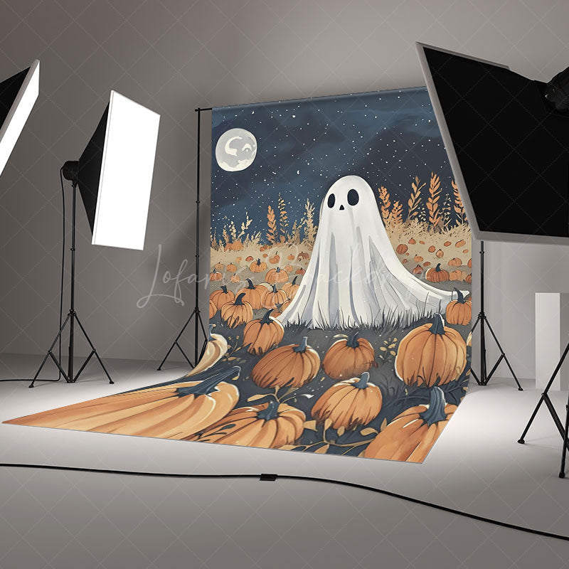 Lofaris Cute Ghost in Pumpkin Patch Halloween Backdrop Spooky Night with Full Moon Whimsical Autumn Party Photo Prop