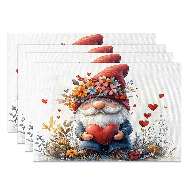 Lofaris Cute Gnome Holding Heart Set of 4 Placemats Floral Hat Valentine Decoration Red Love Table Mat