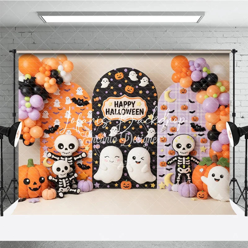 Lofaris Cute Halloween Ghosts and Pumpkins Photography Backdrop with Arched Panels Festive Balloons Bats Decor