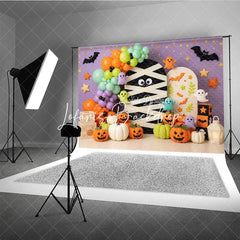 Lofaris Cute Halloween Mummy Ghosts and Pumpkins Photography Backdrop Purple Orange Green Balloons Party Decor