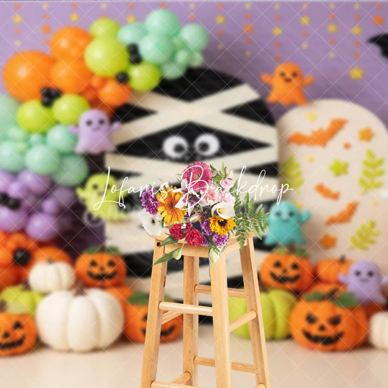 Lofaris Cute Halloween Mummy Ghosts and Pumpkins Photography Backdrop Purple Orange Green Balloons Party Decor