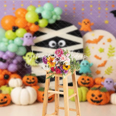 Lofaris Cute Halloween Mummy Ghosts and Pumpkins Photography Backdrop Purple Orange Green Balloons Party Decor