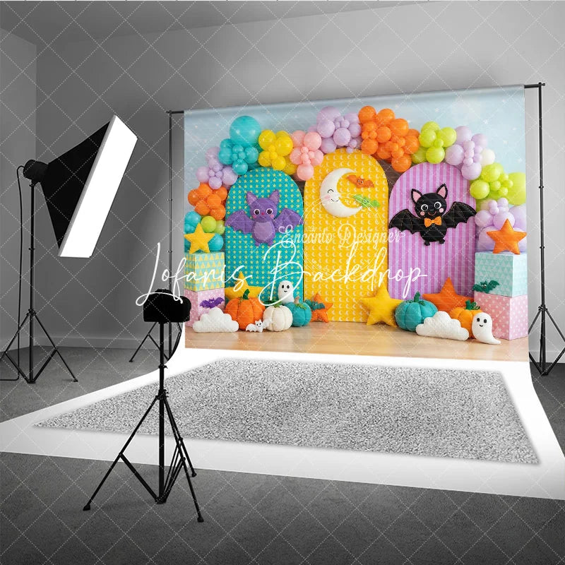 Lofaris Cute Halloween Photography Backdrop with Colorful Bats Crescent Moon Pumpkins and Balloons for Kids Birthday Party