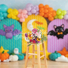 Lofaris Cute Halloween Photography Backdrop with Colorful Bats Crescent Moon Pumpkins and Balloons for Kids Birthday Party