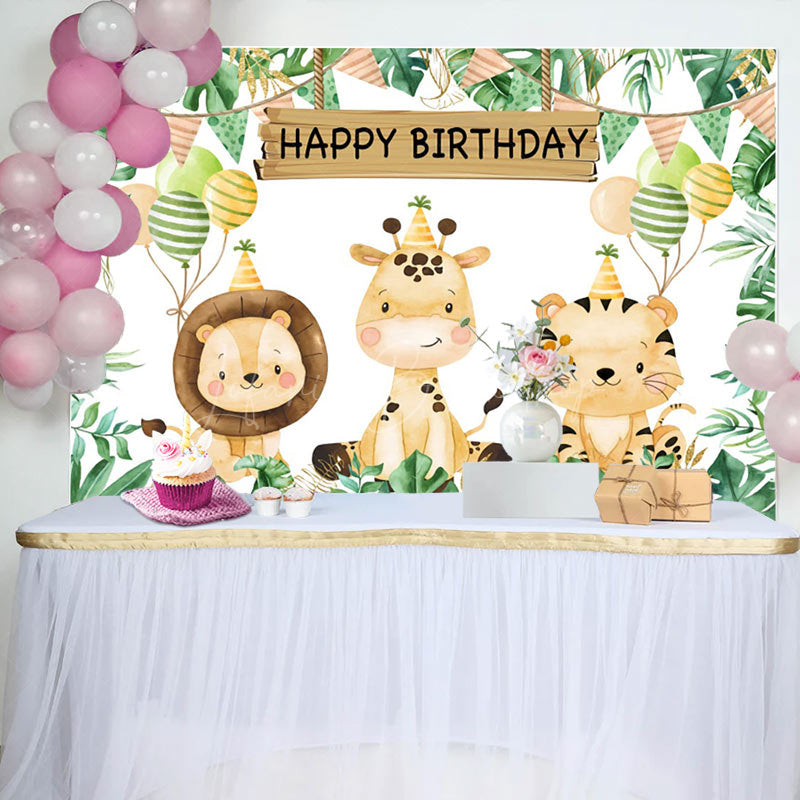 Lofaris Cute Jungle Animals Monstera Happy Birthday Backdrop