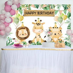 Lofaris Cute Jungle Animals Monstera Happy Birthday Backdrop