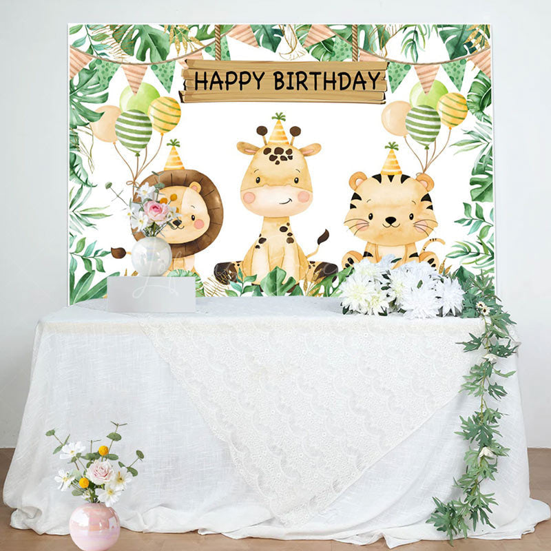 Lofaris Cute Jungle Animals Monstera Happy Birthday Backdrop