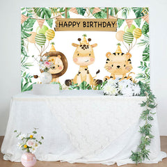 Lofaris Cute Jungle Animals Monstera Happy Birthday Backdrop